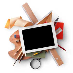 ETIA Academy digital course access — calm, modern workspace with tablet and learning materials (self-paced, no live lessons).